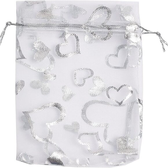 Wedding Organza Drawstring Bag  50 pc White/Silver with Hearts. BRAND NEW - Picture 1 of 3